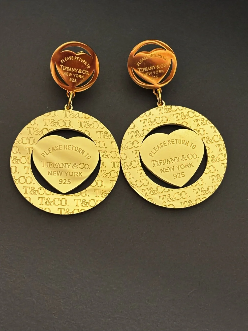 Brand New ! Gold Heart Drop Logo Disc Earrings